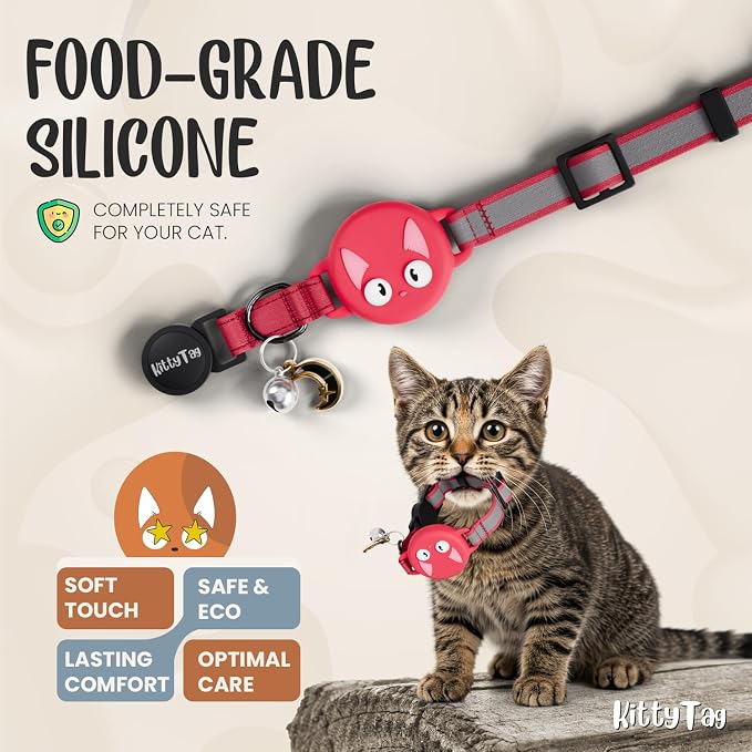 AirTag Cat Collar – Breakaway Reflective & Waterproof Collar with Built-in Holder, Adjustable with Bell for Indoor/Outdoor Cats – AirTag Not Included Red (9-12")