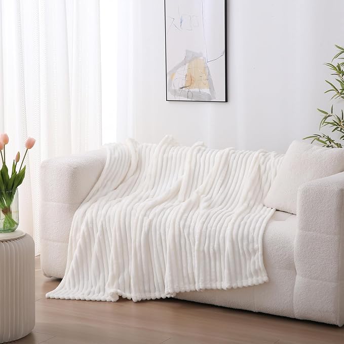 Cream White Fleece Throw Blanket 90”×90” for Couch Sofa Livingroom | Super Soft Cozy Plush Microfiber Flannel Bed Blanket Striped Design Lightweight Home Decor Gifts for Adults Mom Women