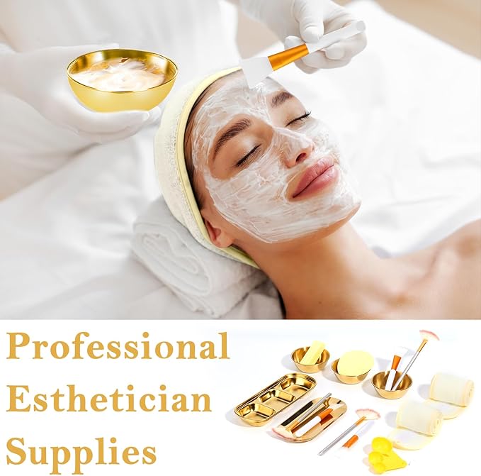 28 Gold Facial Supplies 3 Facial Mask Mixing Bowls 3 Facial Fan Brushes 3 Mask Applicator Brushes 3 Mask Measuring Spoons Skincare Tray 3-Compartment Serving Tray 12 Facial Sponges 2 Spa Headbands