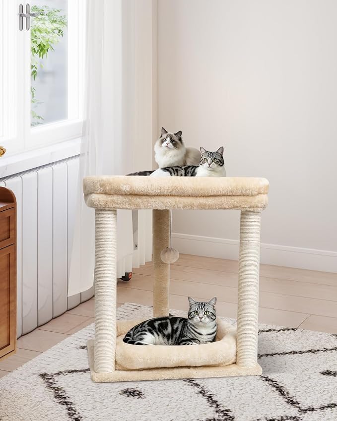 SYANDLVY Small Modern Cat Tree with 2 Levels Perch Platforms for Kittens | Natural Sisal Scratching Post Tower with Hanging Bell Ball & Anti-Tip Strap, Cat Furniture for Indoor Cats, Beige