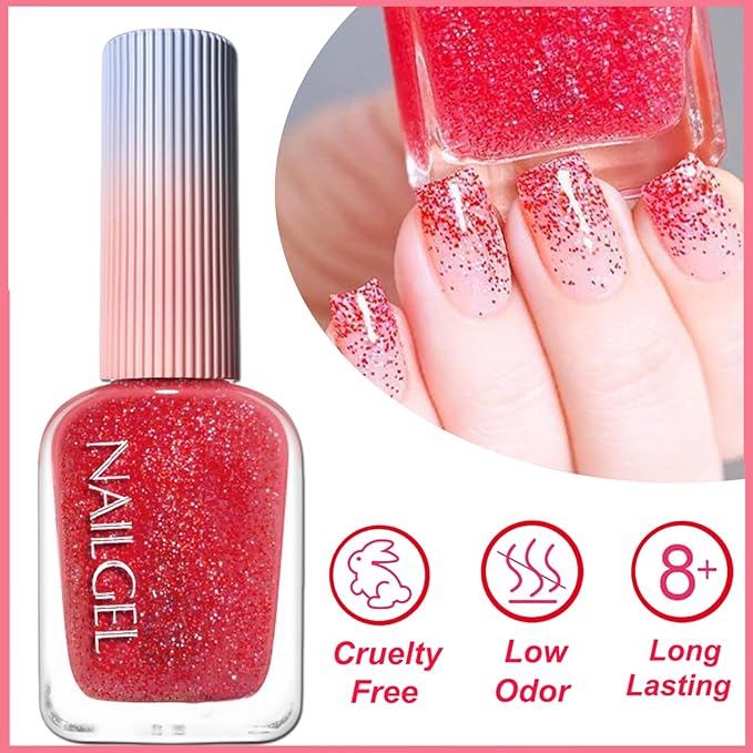 Red Glitter Nail Polish, Clear Base Sparkly Nailpolish with Red & White Glitter, 12ML Air Dry Gel Nail Polish No UV Needed, Transparent Sparkle Top Coat for Women Girls