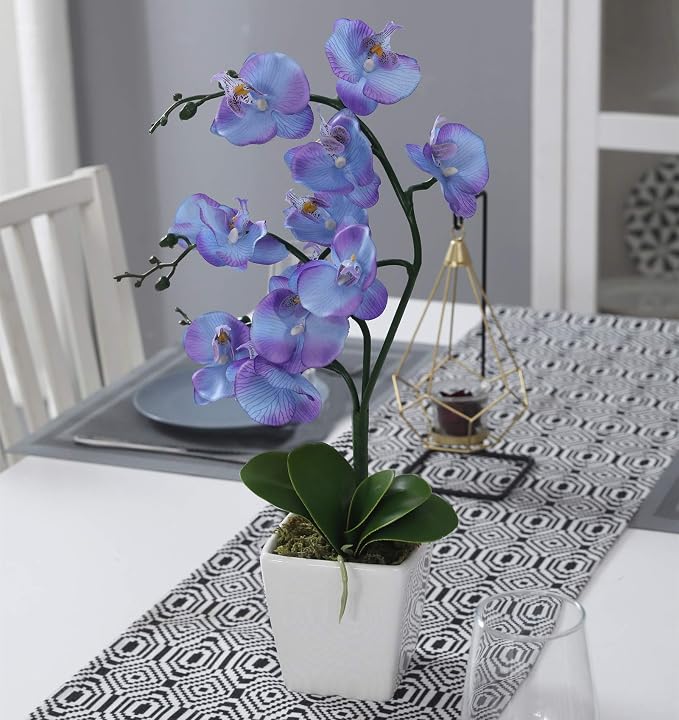 15" Silk Phalaenopsis Orchid in Square Pot, Purple Blue Flower Arrangements | Lifelike Faux Potted Blooms with Moss in a Ceramic Planter. Looks Real, Zero Upkeep, Ideal Centerpiece for Any Table