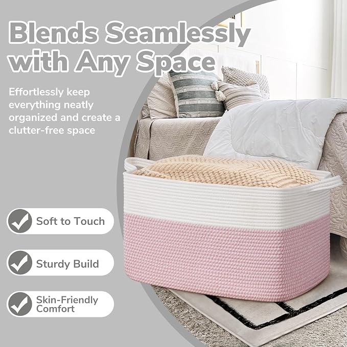 Goodpick Large Woven Rope Blanket Basket, Rectangle, White & Pink | 21.6'' x 14.9'' x 11.8'' Storage Basket for Baby Toys & Kids Essentials, Nursery & Bedroom Organization, Reinforced Handles