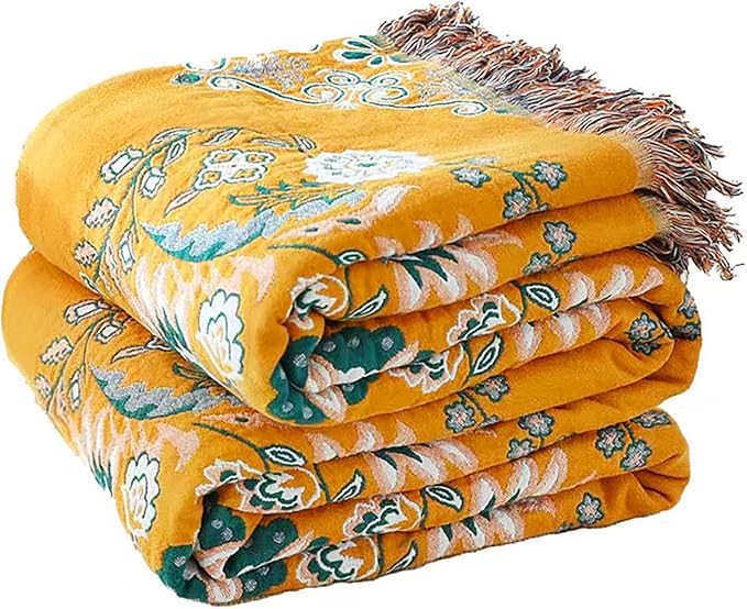 VANJOROY Boho Throw Blanket, 100% Cotton Soft Sofa Bed Queen Throw-Floral Farmhouse Decor Blanket, Reversible Bohemian Yellow Throw for Chair Couch Quilt and Gift, 80" x 90"
