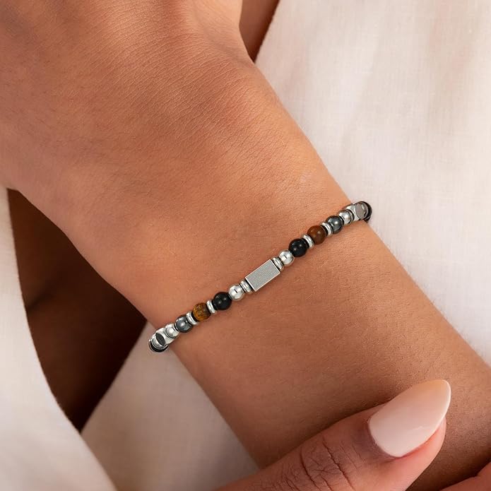 Natural Healing Crystal Bracelet for Women, Triple Protection Anxiety Relief New Beginnings Good Luck Empath Protection Jewelry Gift for Friends Daughter Mom 6.5+1.8 Inches