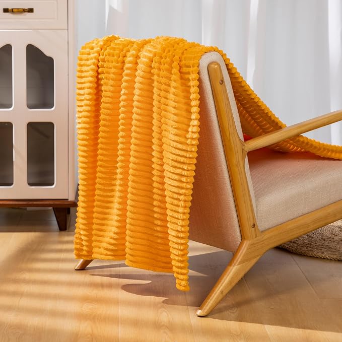 Vessia Flannel Fleece Throw Blanket for Couch,Sofa,Bed, 300GSM Striped Yellow Blanket for Adults and Kids, Super Soft Warm Cozy Lightweight Ribbed Throw for All-Season