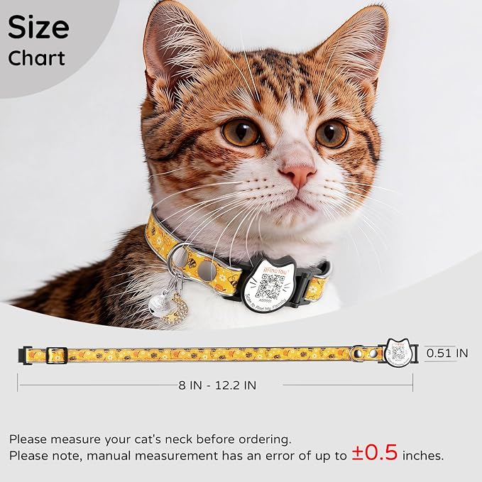 Breakaway Cat Collar QR Code, Reflective Bell, Adjustable Kitten, Bees