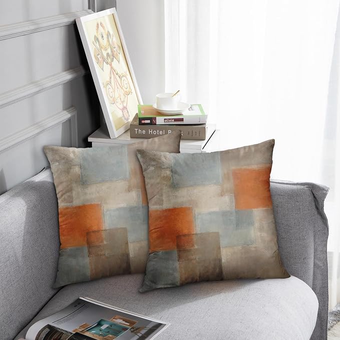 Throw Pillow Covers Set of 2, 16 x 16 Inch, Grey Burnt Orange | Abstract Modern Art Outdoor Decorative Square Pillow Cases Couch Cushion Case for Couch Bed Sofa Living Room Home Decor