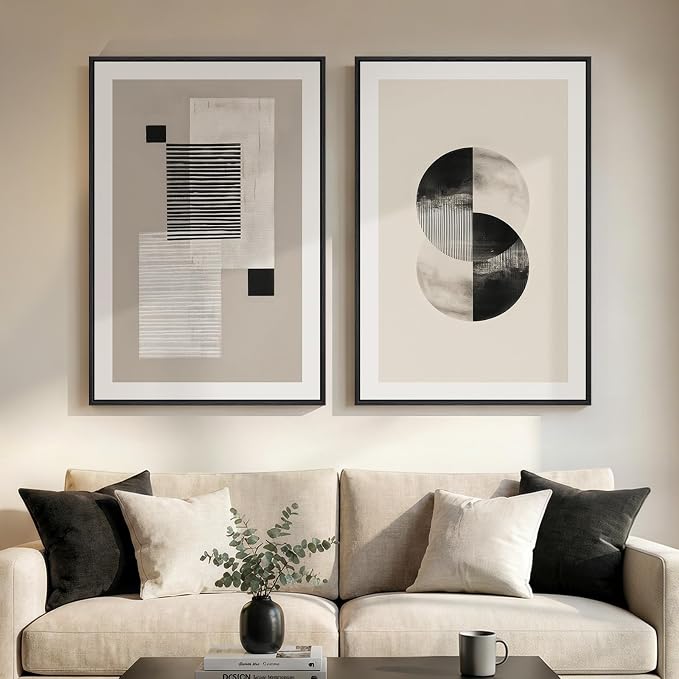 Large Framed Black and White Neutral Abstract Wall Art for Living Room, 2 Piece Modern Canvas Prints Artwork for Walls, Beige Minimalist Geometric Pictures for Bedroom Hallway Wall Decor 24x36 In