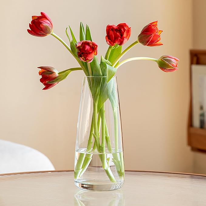 FANTESTICRYAN Modern Glass Vase, 8.7''H Decor Flower Vases, Crystal Clear | Crystal Clear Glass Fresh/Faux Floral Vases, For Home Office Table Centerpiece Decor Housewarming Wedding Gift for Lover