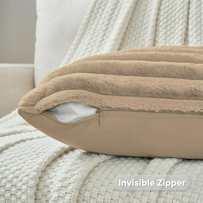 FUTEI Pack of 2 Faux Fur Throw Pillow Covers 22x22 Inch, Khaki | Fluffy Faux Rabbit Fur Front/Premium Velvet Back,Hidden Zipper,Machine Washable,Non-Shedding,Colorfast,Insert Not Included.