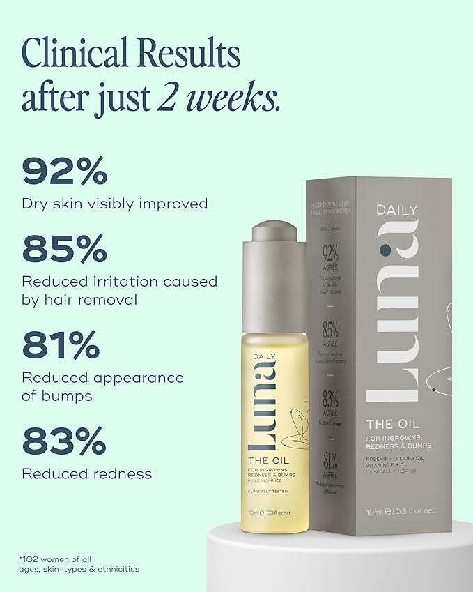 Luna Daily Mini Ingrown Hair Oil (10ml) | Travel-Size Multi-Purpose Hydrating Oil | Soothes Razor Bumps, Stretch Marks, Prevents Ingrown Hairs & Softens Dry Skin | Jojoba & Omega-Rich Botanicals