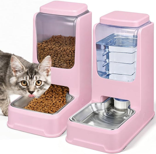 Automatic Cat Dog Feeder and Water Dispenser Set with Stainless Steel Bowl | Automatic Cat Feeder and Water Dispenser Set with Dog Stainless Steel Feed Bowl Pet Gravity Self Feeding and Waterer *2