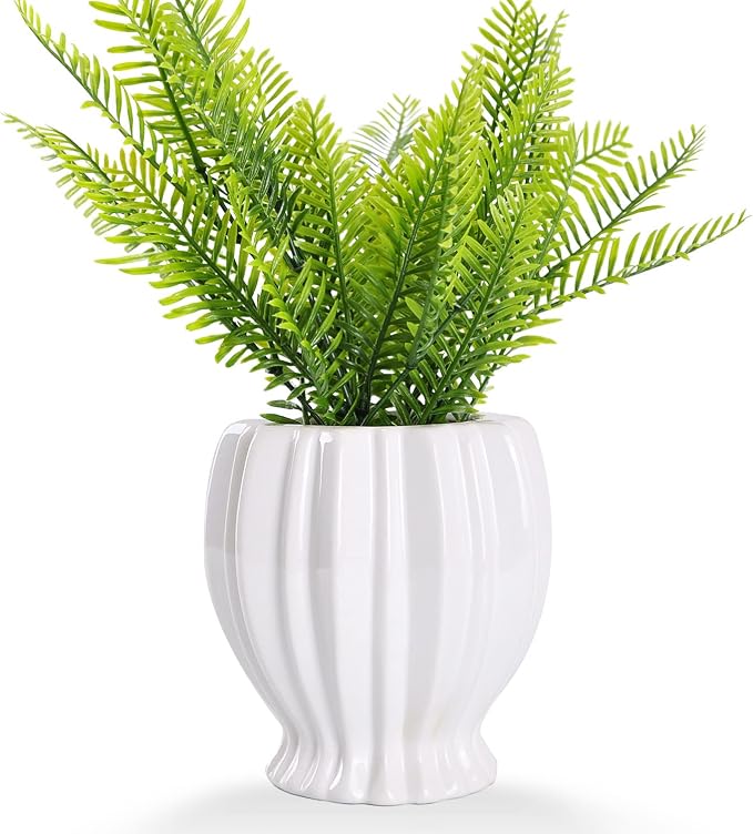 VanEnjoy 6 inch Modern Ribbed Design Small White Ceramic Decorative Tabletop Centerpiece Vase Flower Pot - White Spiral