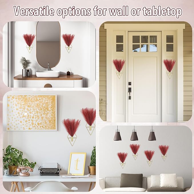 Hanaive 4 Sets Boho Wall Decor Metal Wall Art Hanging Planters with Artificial Pampas Display Modern Home Vase for Bedroom Home Office (Brilliant,Burgundy)