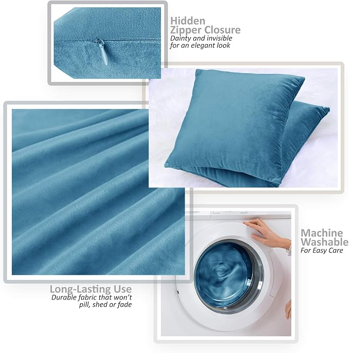 Throw Pillow Inserts Pack of 2 with Velvet Soft Solid Decorative Square Throw Pillow Covers Set for Sofa Couch Car Bedroom, 24X24 Throw Pillows Inserts with 22x22 Washable Cushion Covers, Blue Heaven