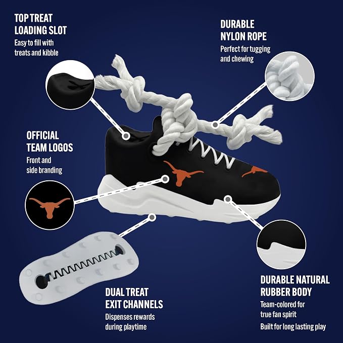 NCAA Texas Longhorns Cleat Sneaker Spike Dog Toy, Treat Dispenser Chew Toy for Dogs, Interactive Rope Tug Toy, Slow Feeder Natural Rubber Dog Toy with Official Team Logo for Puppies & Adult Dogs