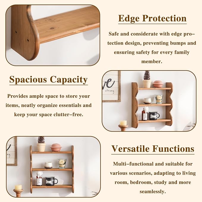 100% Solid Wood Wall Shelf 3-Tier, Rustic Floating Shelves Wall Mounted Storage Rack, Farmhouse Decor Hanging Shelf Display Shelves for Apartment, Living Room and Bedroom