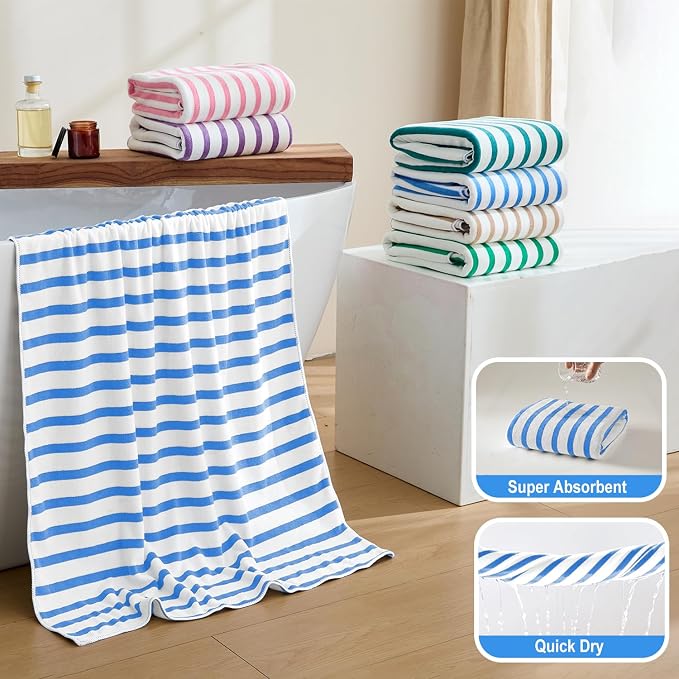 JML Microfiber Beach Towels Set, 6 Pack, 27" x 55", Cabana Stripe Blue | Haning Loop, Soft, Absorbent, Quick Dry, Use for Bathroom, Swimming Pool