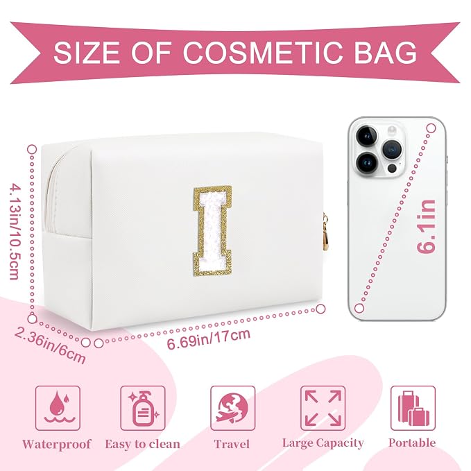 Small Personalized Initial A-Z Preppy Patch Makeup Bag,White PU Chenille Letter Travel Cosmetic Pouch with Zipper,Cute Toiletry Bag,Gift Ideal for Teen Girls Women Teacher Bridesmaid,Letter I