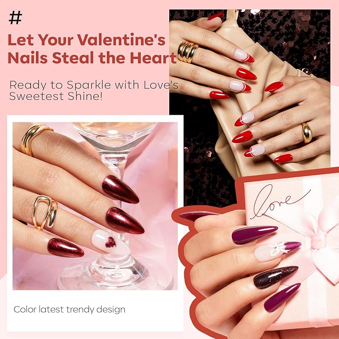 modelones Nail Polish Set 6 Colors, Dark Red Valentines Cat Eye Burgundy Glitter Quick Dry Mini Nail Lacquer Kit Magnetic Maroon Purple Cherry DIY Home Nail Art Manicure Gifts for Women Girls