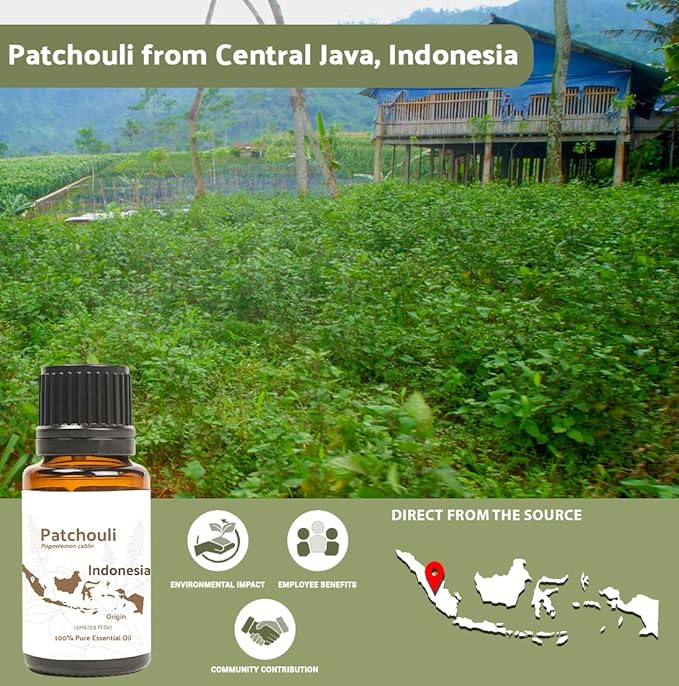 Dark Patchouli Essential Oil - Direct from Java Indonesia Natural Repellent Aceite de Pachulí - Aromatherapy and Premium Therapeutic Grade - Ideal for Body & Candle-Making (8oz)