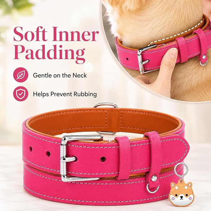 Genuine Leather Dog Collar, Soft Padded Leather Dog Collars with Airtag Holder Case for Small Medium Large X-Large Dogs,Comfort Heavy Duty Pet Collar with Durable Metal Buckle & D-Ring-Pink/M