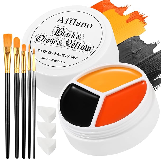Black Yellow Orange Face Body Paint Kit, Pumpkin Halloween Makeup Cream Bodypaint with Brushes & Sponge Applicators for Kids, Facepaint Set for Scarecrow Clown Tiger Lion Fox Costume Cosplay SFX Looks