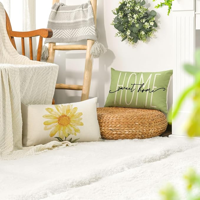 AVOIN colorlife Home Sweet Home Spring Summer Flowers Green Throw Pillow Covers, 12 x 20 Inch Cushion Case for Sofa Couch Set of 4