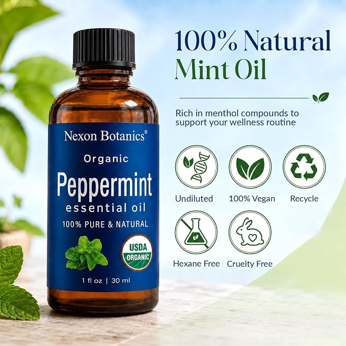 Organic Peppermint Essential Oil 30 ml - Pure, Natural Oils for Aromatherapy, Diffusers, DIY, Candle and Soap Making Scent - Nexon Botanics