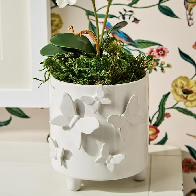 Two's Company Butterfly Footed Cachepot Vase, 5.75-Inch, Ceramic, White