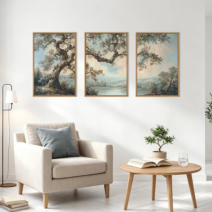 BINCUE Framed Vintage Tree Wall Art Set Neutral Landscape Wall Decor 16x24 | Mountains Lake Artwork,Rustic Forest Paintings,Botanical Wall Pictures,Abstract Tree Prints for Living Room Bedroom Office