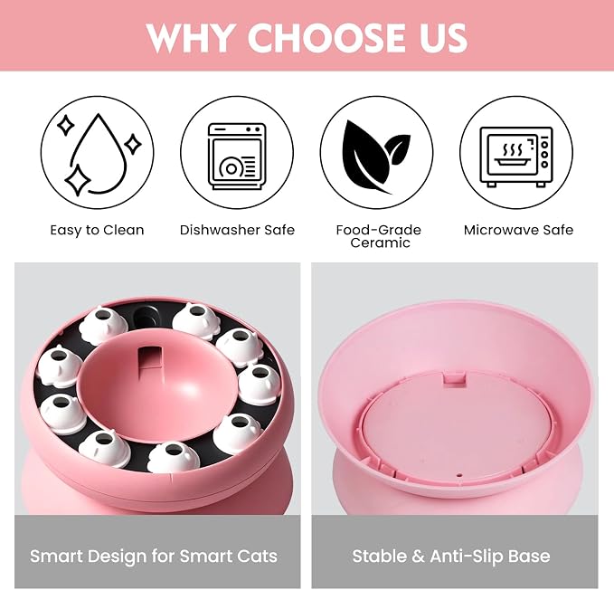 Cat Puzzle Feeder Slow Food Bowl – Interactive Slow Feeder Bowl for Indoor Cats, Treat Dispensing Enrichment Toy,Mental Stimulation and Boredom Relief (Pink)