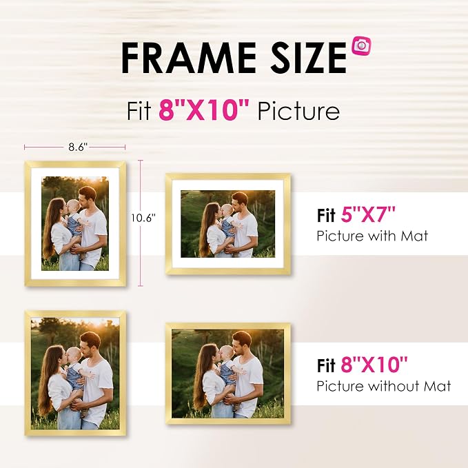 8x10 Picture Frame Bulk-6 Pack, Gold Picture Frames Collage Wall Decor, Wall & Tabletop Picture Frames, Photo Frame with HD Plexiglass, Display Pictures 5x7 with Mat or 8x10 Without Mat