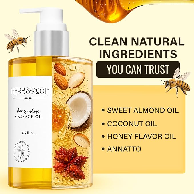 Edible Honey Glaze Massage Oil, 8.5 oz | Body Oil with Sweet Honeycomb & Natural Oils | Non-Sticky, Moisturizing, Doubles as Aromatherapy Body Oil