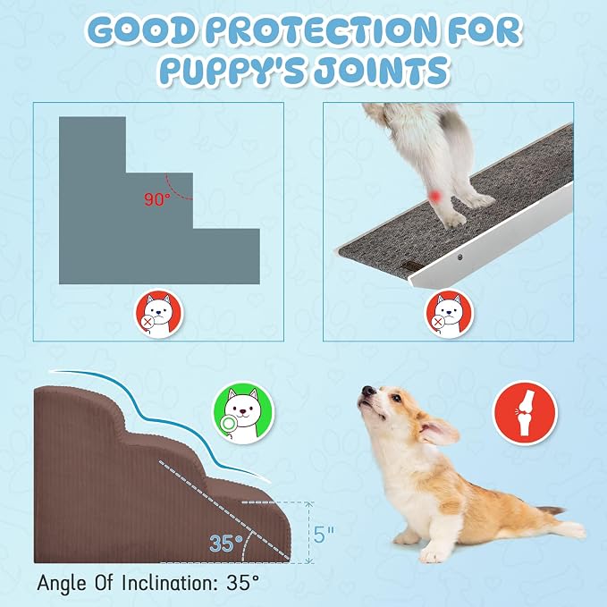 Mesa Lemon 4 Step Dog Stairs Pet Ramp for High Beds, Sofas and Cars | High Density Foam, Non-Slip Bottom, Removable Washable Cover, Portable Handle, Holds Up to 50 lbs, 20 Inch Height
