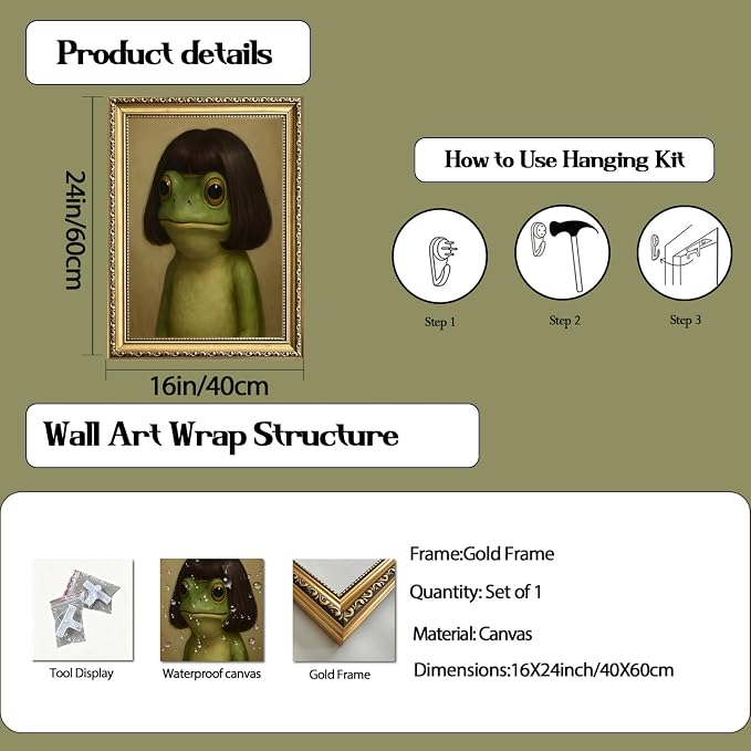 Gold Framed Funny Frog Wall Art, Whimsical Green Frog Wall Decor Painting Cute Animal Poster Canvas Prints Artwork for Living Room Bedroom Bathroom 16x24 inch