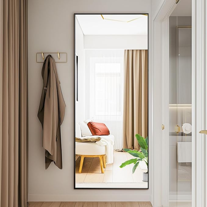 DUMOS 19"x58" Full Length Mirror with Stand, Full Body Floor Mirror | Free Standing or Wall Mount, Nano Glass Aluminum Frame, Hanging or Leaning, Modern Simple Home Decor, Black
