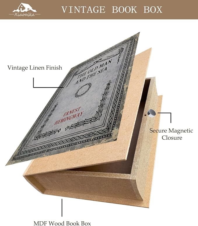 Vintage Faux Leather Decorative Book Box – Wooden Secret Storage Box with Magnetic Closure, Hidden Organizer for Bookshelf, Desk, or Office Decor (The Old Man and The Sea)