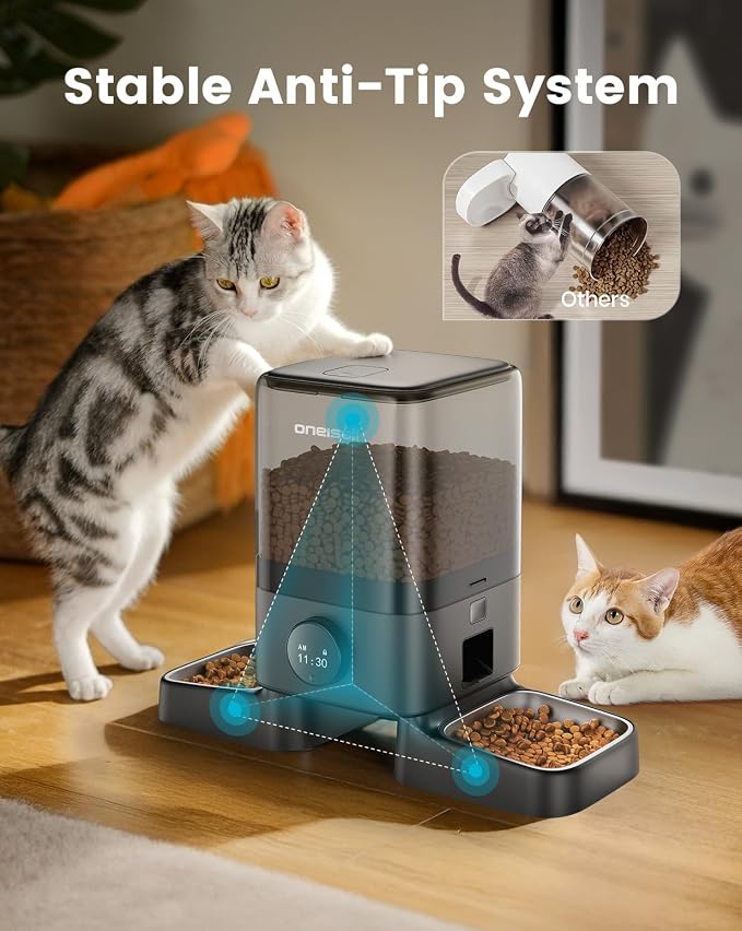 oneisall Automatic Cat Feeder for 2 Cats Pets, 20 Cups/5L | Prevent Fighting, Precise Portions, Balanced Dispensing, Large Kibble Support, Non-Slip & Stable, Stainless Steel Bowls