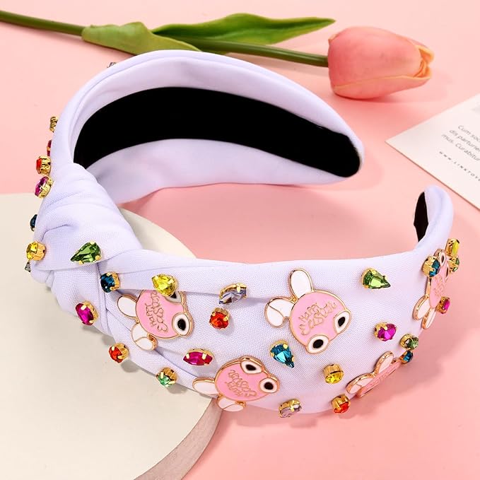 mokkia Easter Headbands Beaded Rabbit Bunny Headband for Women Pink Spring Knotted Headband Easter Hair Accessories Gifts