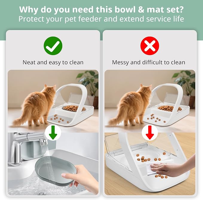 Bowl & Mat Set for Automatic Microchip Cat Pet Feeder, Sealing Ring Design for Keeping Food Fresh and Reducing Odor, Easy to Clean(Grey)