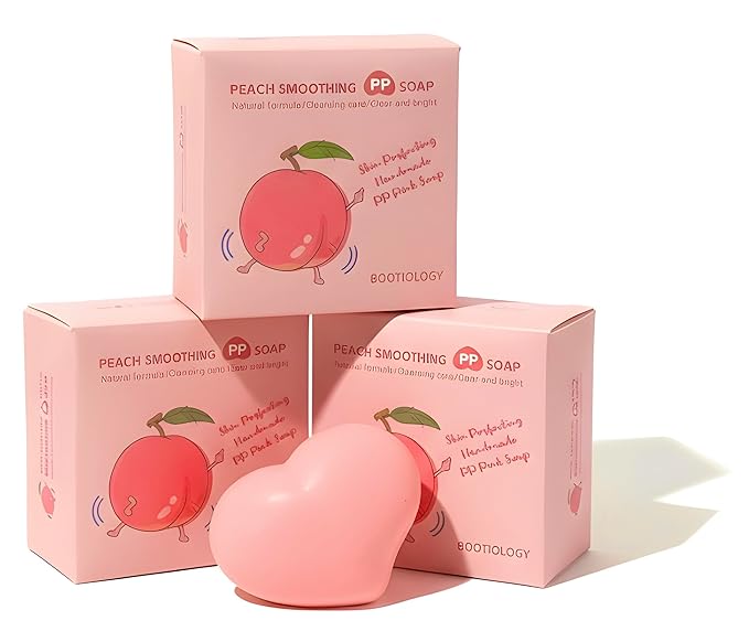Korean Brightening & Firming Peach Soap, Tightens, Exfoliates, Smooths, and Perfects, with Fruit Acids, Natural Arbutin, & Walnut, Sensitive Skin Safe, Fades Spots, Cellulite and Stretch Marks, 3-Pack