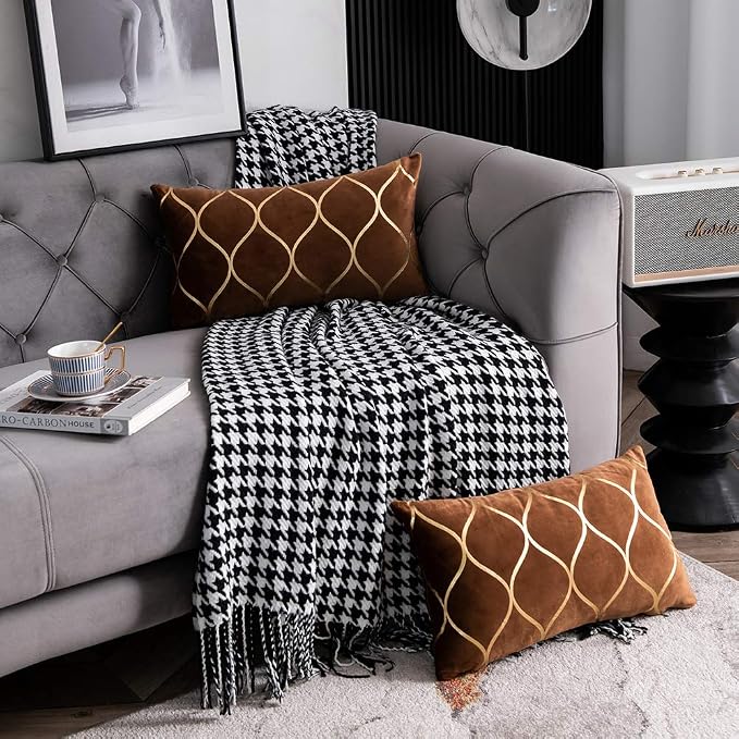Gold Velvet Throw Pillow Covers: 2 Pack 12x20 Inch Rectangular Decorative Pillow Cases for Bedroom Sofa Couch Living Room, Light Brown