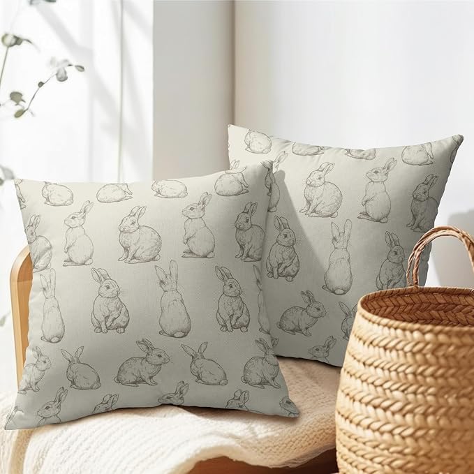Kawani Vintage Farmhouse Bunny Pillow Covers 22x22 Set of 2 Green Rabbits Holiday Decorative Throw Pillow Cases Cotton Linen Cushion Cover for Sofa Couch Porch Patio Bench Home Decor