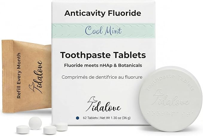 Tidalove Smile More Toothpaste Tablets with Fluoride & Hydroxyapatite (nHAp) – Vegan, Enamel Strengthening, Plastic-Free Reusable Tin, 62 Tablets, Cool Mint, Travel-Friendly