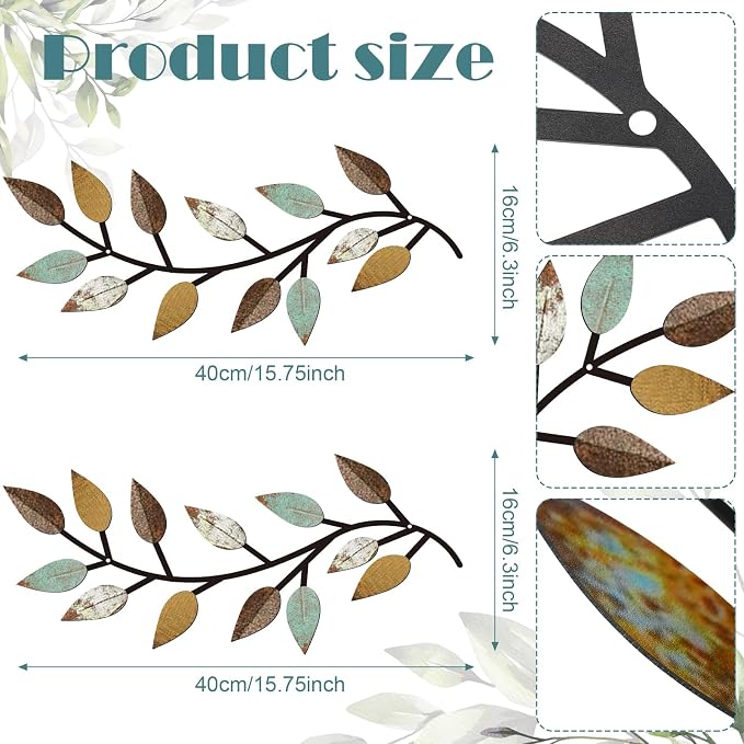 Zhengmy 2 Pcs Metal Leaf Wall Art Vine Branch Decor,Bright Colors | Olive Branch Metal Decor for Living Room Hallway, Symmetrical Leaf Pair for Doorway Entryway, Lightweight Hanging Art Design