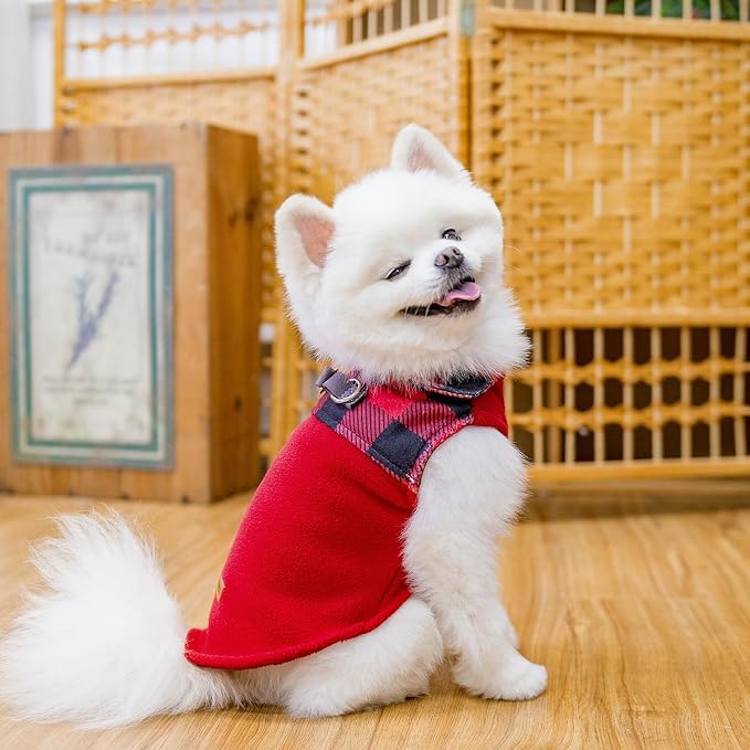 Christmas Fleece Dog Sweater for Small Medium Dogs - Classic Plaid Jacket, Doggie Winter Coat Vest with 2 D-Rings for Leash, Cold Weather Clothes,Pet Apparel,Sweatershirt for Boy or Girls
