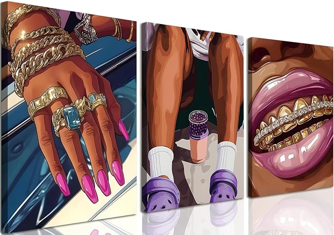 Framed Black Girl Wall Art Set of 3, Trendy Hip Hop Black Woman Wall Decor Paintings, Fashion African American Pictures Canvas Prints for Home Living Room Girly Bedroom 12x16 inch