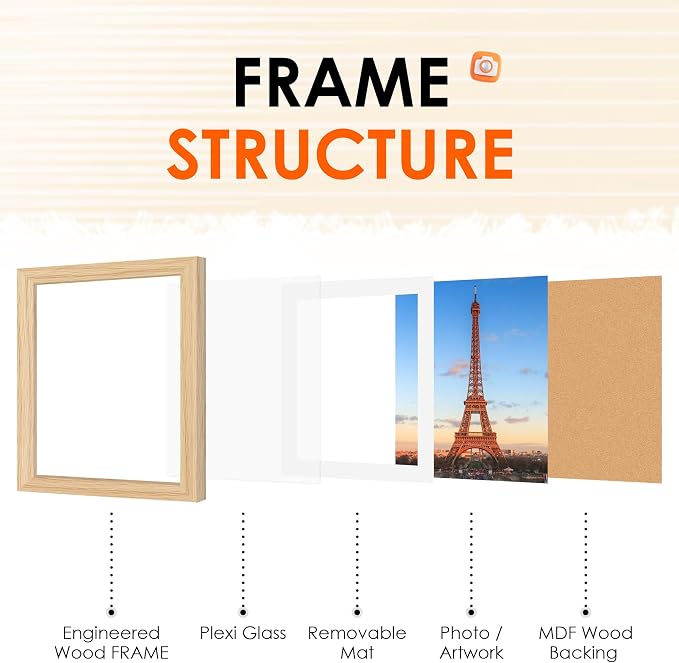 12x12 Picture Frame Natural Set of 2, Photo Frame with HD Plexiglass, Display Pictures 8x8 with Mat or 11x17 Without Mat, Gold Picture Frames Collage Wall Decor, Gallary Wall Frame